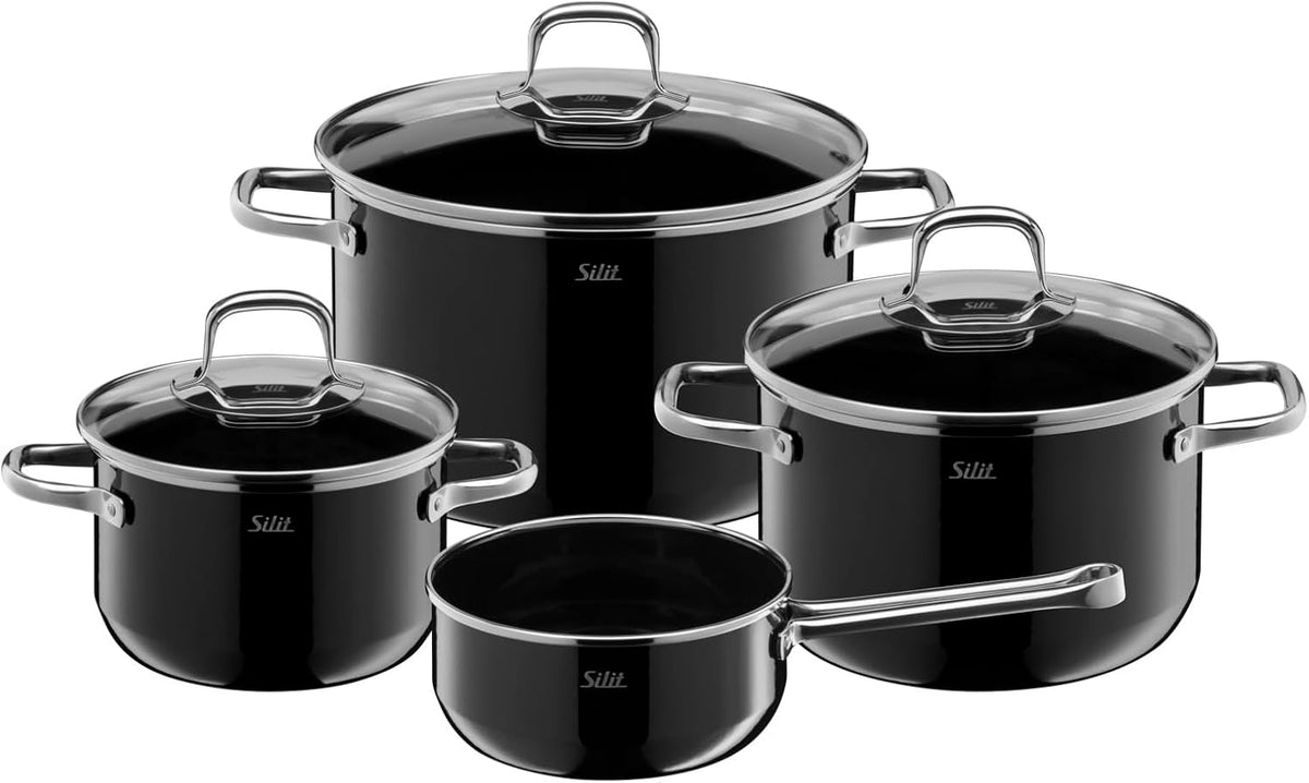 Silit Gasherd, Schwarz, Elegance Line Topfset Induktion 4-teilig, Kochtopf Set mit Glasdeckel, Silargan Funktionskeramik