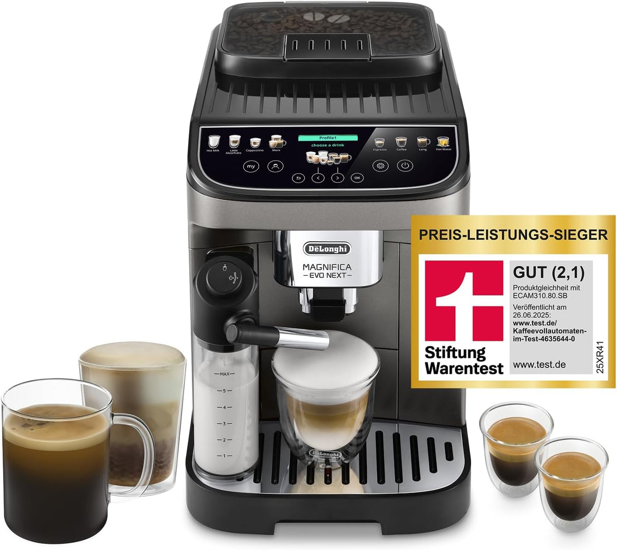 De'Longhi Kaffeevollautomat, Schwarz/Silber, Magnifica Evo Next - Perfetto mit, 13 One-Touch-Getränke, Coffee- und Cappuccino Kaffeemaschine
