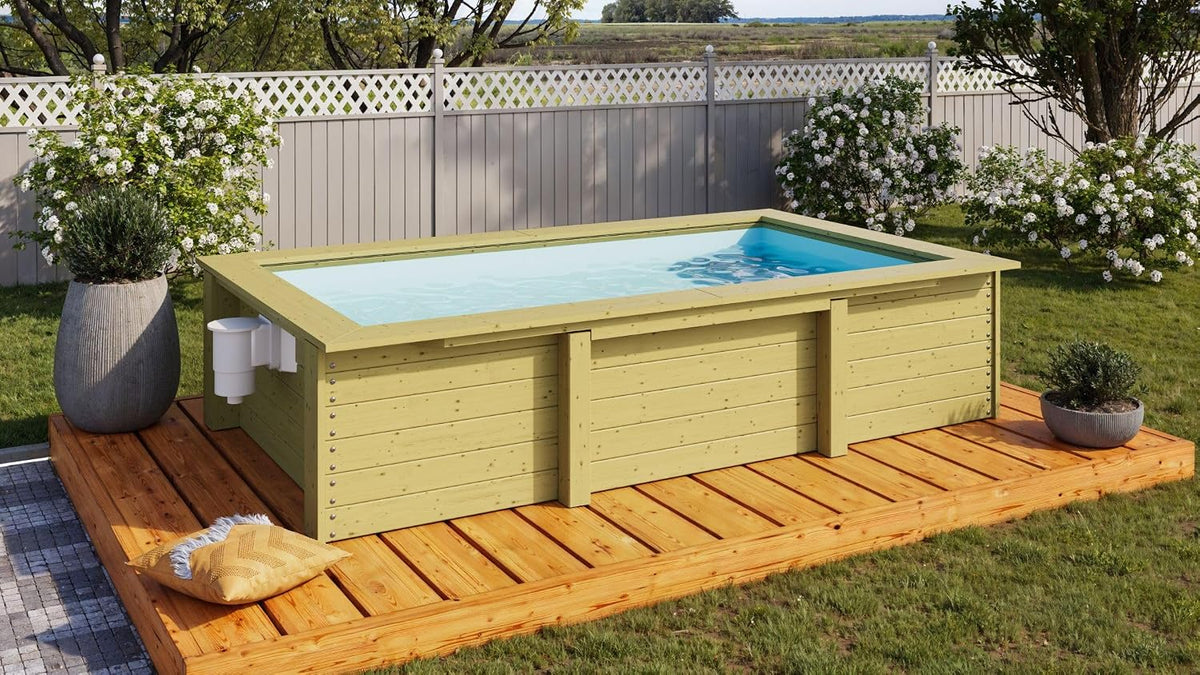 Chillroi Stahlrahmenpool, 2,2 m, 56 cm, Beige, Karibu Pool aus Massivholz mit Skimmer, Filteranlage & Sand, ³ Volumen