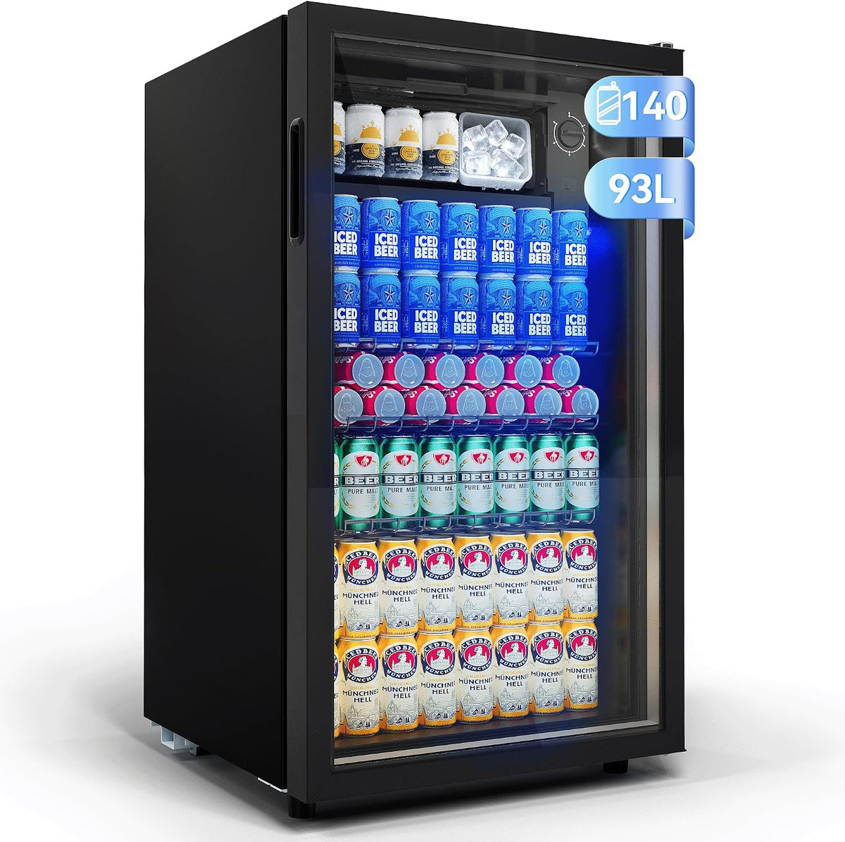 TRIUMPHKEY Mini-Kühlschrank, 93 L, Schwarz, Getränkekühlschrank, für 140 Dosen, mit Glastür kleiner Kühlschrank