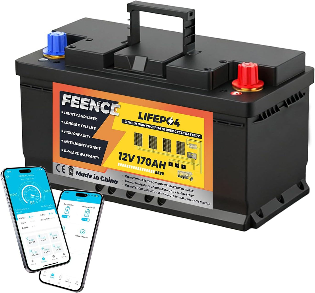 FEENCE Deep-Cycle-Batterien, 2176 Wh, 170 Ah, 12 V, Schwarz, LiFePO4 Bluetooth, Lithium batterie mit BMS Low Temperature Schutz und Max