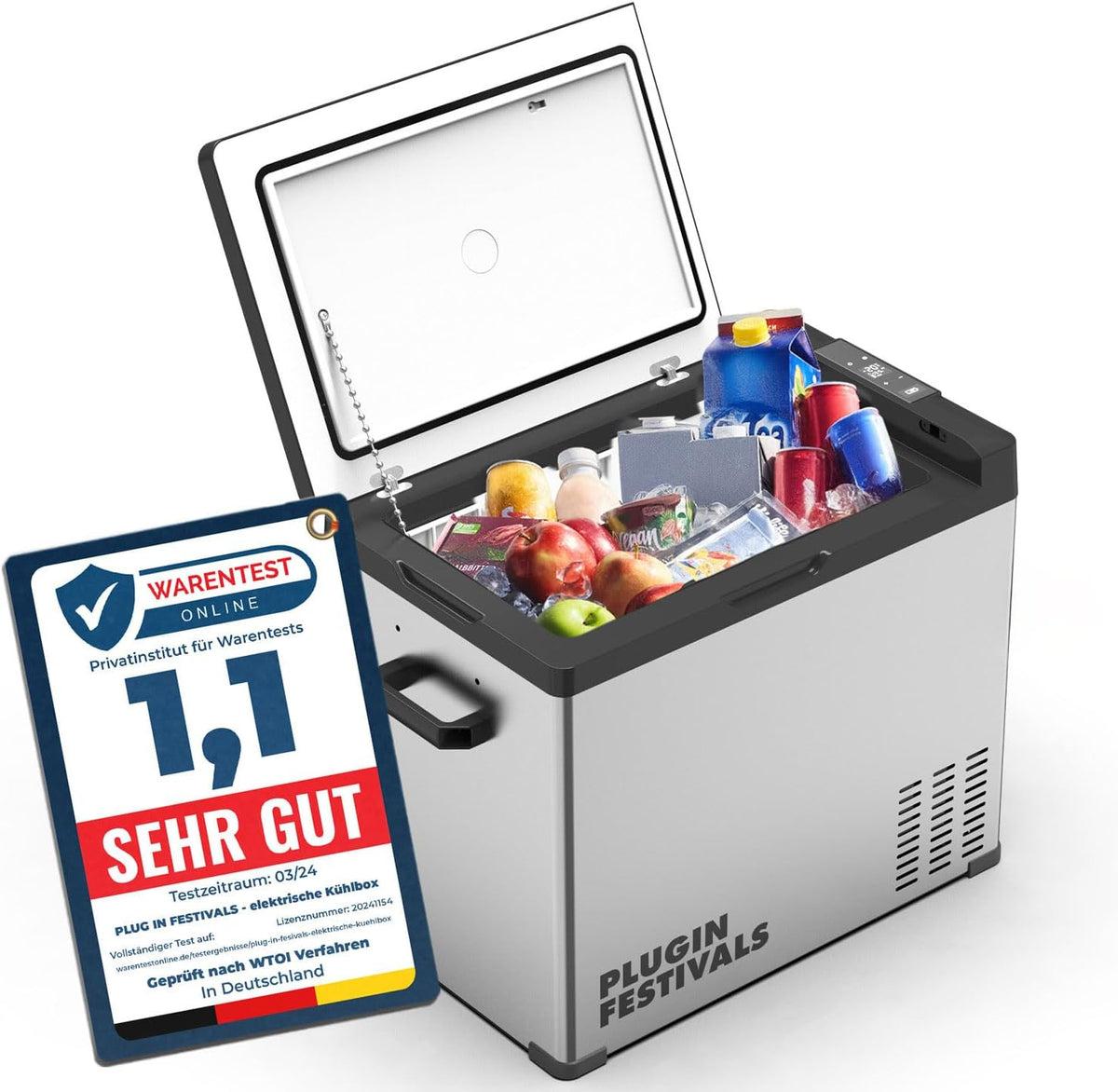 PLUG IN FESTIVALS Kühlschrank, 50 Liter, 230 V, 12 V, Silber/Schwarz, elektrische Kühlbox - Kompressor Gefrierbox bis -20 Grad