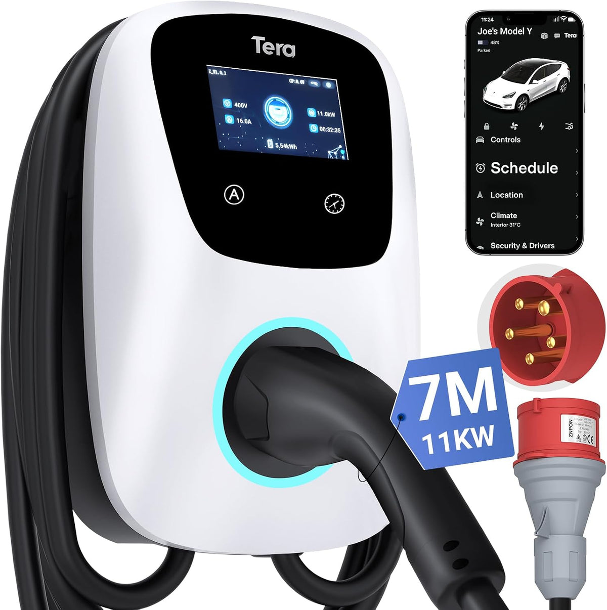Tera Ladestationen, 11 kW, 400 V, 7m, Weiß/Schwarz, Smart EV Ladegerät Typ 2 Wallbox mit APP 16A CE&TÜV