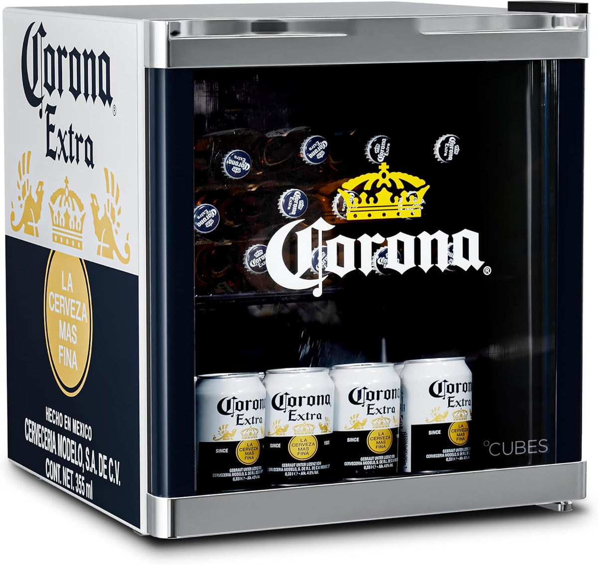 °CUBES Getränkekühlschrank, 48 L, Blau/Gelb, CORONA Mini , Kompakter Flaschenkühlschrank mit Glastür & wechselbarem
