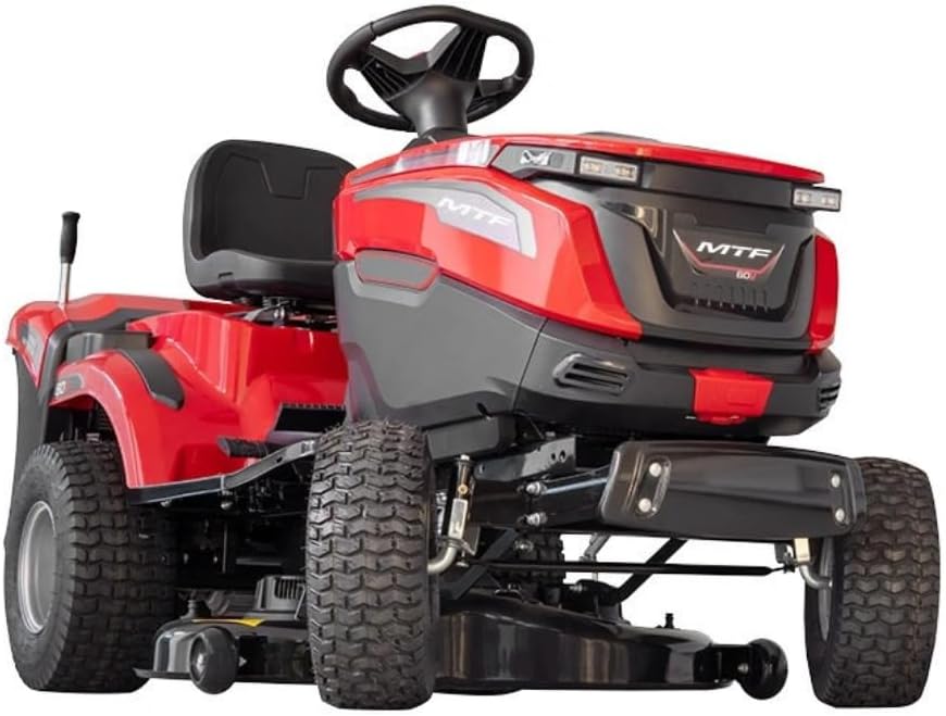 poolomio Rasenmäher, 245 L, 86 cm, 60 V, Rot/Schwarz, MTF LTA 86 E Akku Aufsitzmäher Rasentraktor, Elektrischer Traktor mit Fangkorb & Tempomat