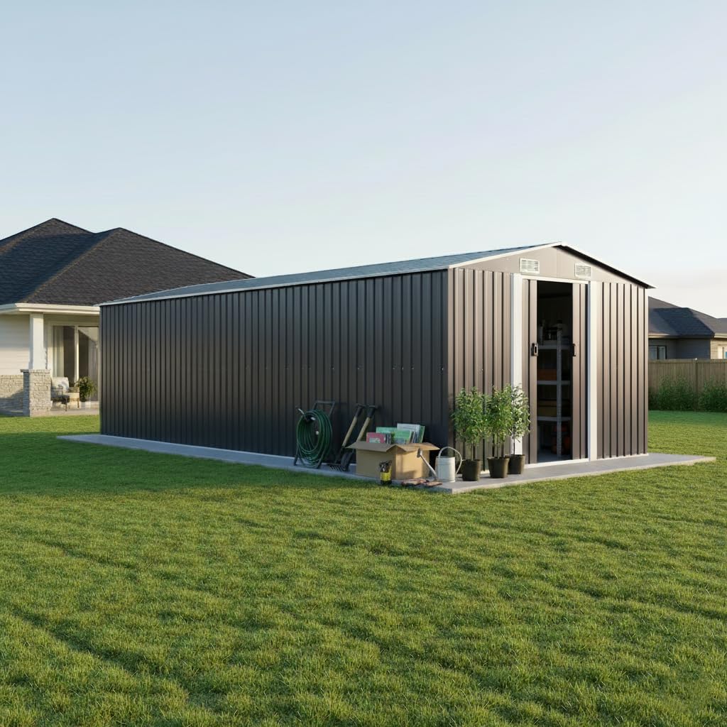 Gerätehaus Woonisher, 257x392x181 cm, Verzinkter Stahl, Anthrazit, Metall, Gartenhütte Container Haus Zum Wohnen Als Geräteschuppen