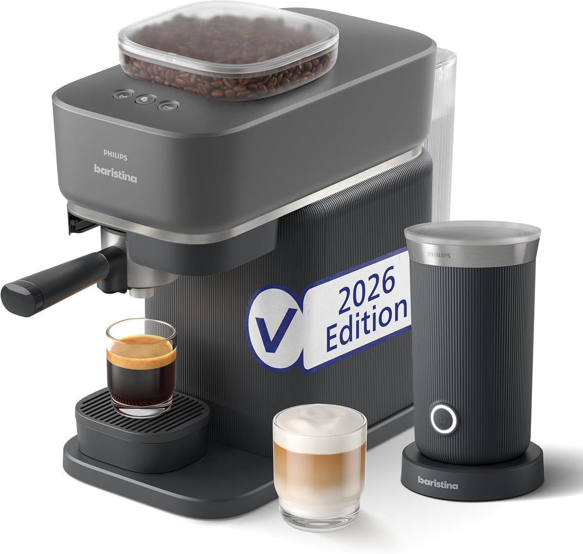Philips Milchaufschäumer, 16 Bar, Schwarzgrau, Baristina Espressomaschine und Paket, Automatisches Mahlen, Tampen & Brühen