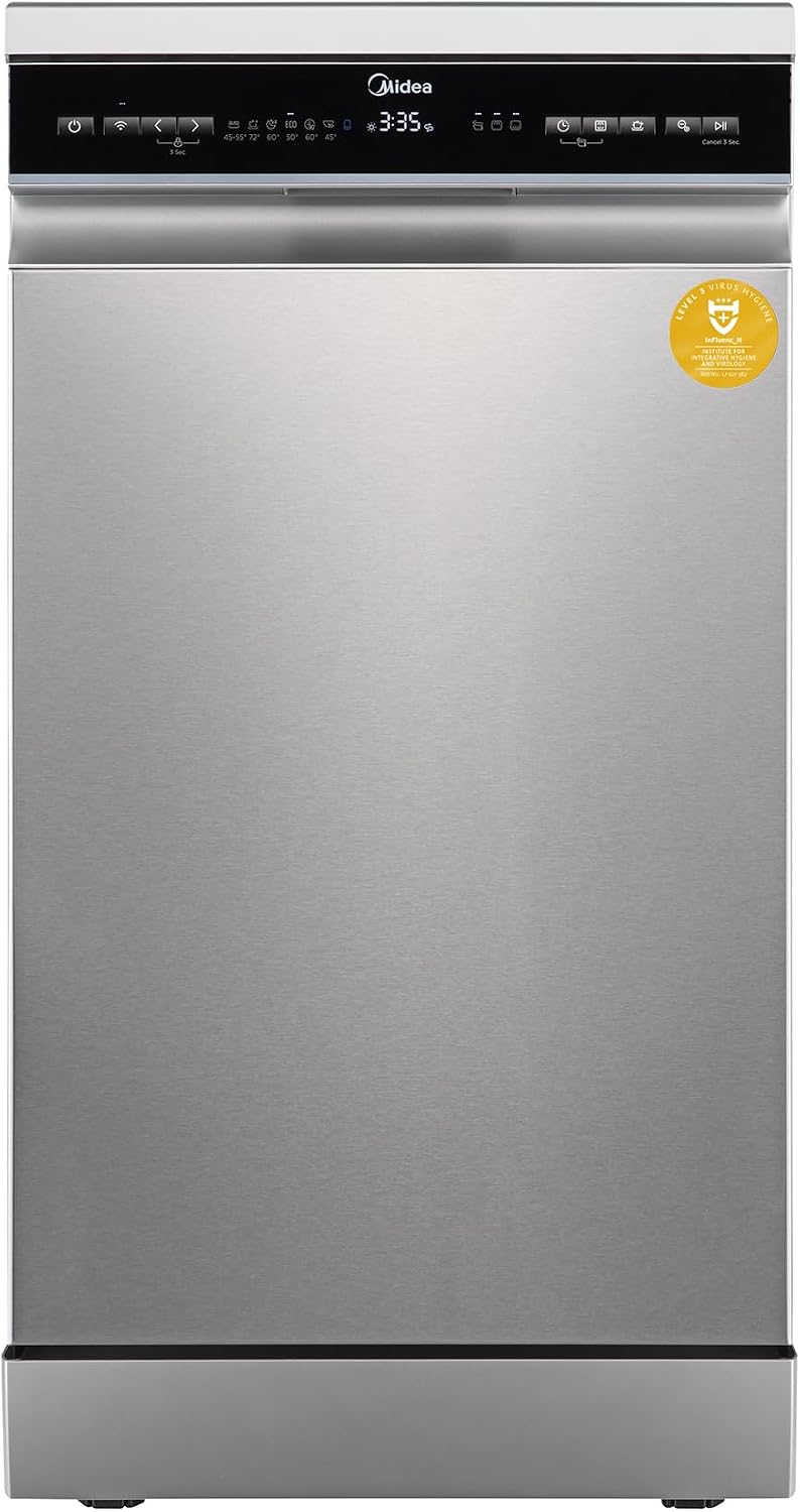 Midea Geschirrspüler, 45 cm, Silber, Spülmaschine MDWEF1034DSS-WE, Freistehend 10 Maßgedecke, Besteckkorb, höhenverstellbarer Oberkorb
