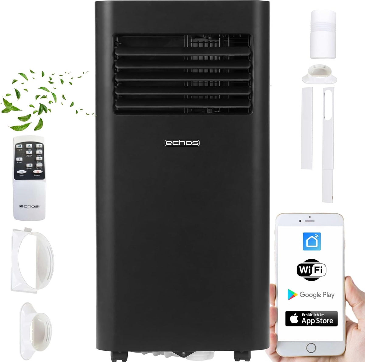 Echos Luftentfeuchter, Schwarz, ® Klimaanlage mobil mit Abluftschlauch, Wi Fi & Fensterabdichtung, Mobile Klimaanlage 9000 BTU - App/WLAN Steuerung