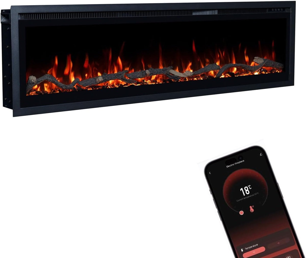GLOW FIRE Elektrokamin, 127x35x12 cm, 1800 W, Schwarz, Core 127 mit realistischem 3D LED-Feuer - Wand- mit Heizung