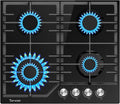 TOPWISH Gasherd, 60 cm, Schwarz, Gaskochfeld 4 flammig, einbau, Gaskochfelder mit gusseisernen stützen, NG/LPG konvertierbar