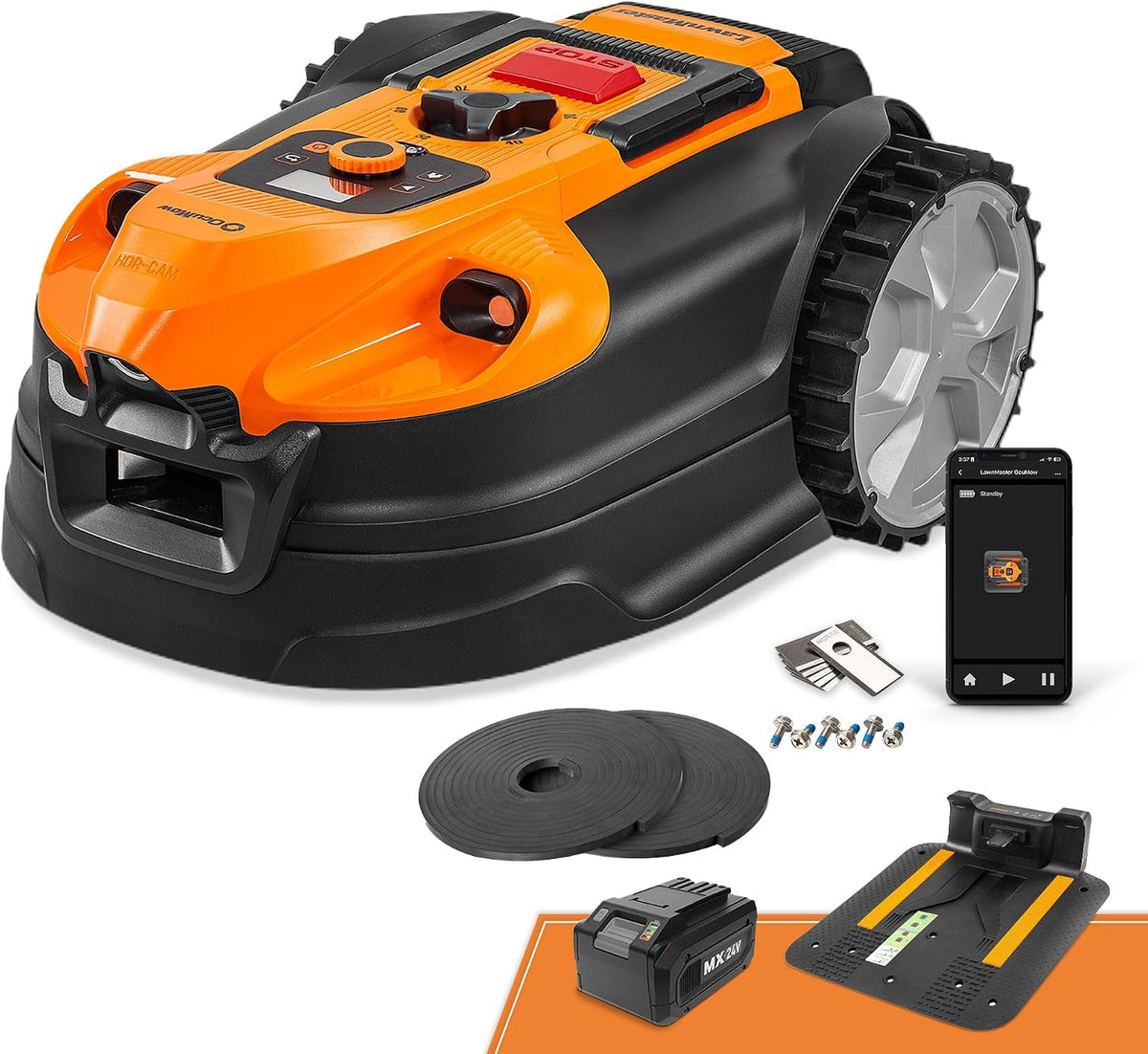 Lawnmaster Mähroboter, 18 m, 4ah, Orange/Schwarz, OcuMow®18 ohne begrenzungskabel für bis zu 800㎡ Batterie, Hindernisvermeidung