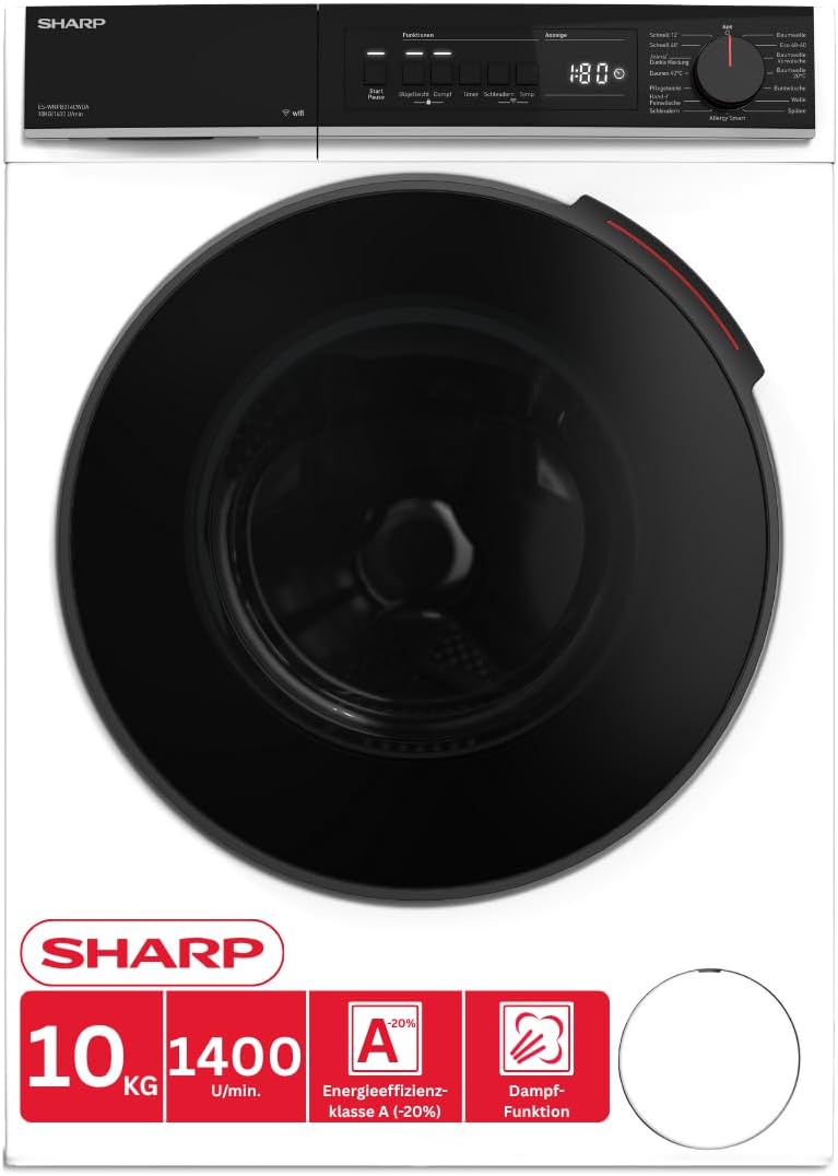SHARP Waschmaschine, 10 kg, Schwarz/Weiß, ES-WNFB014CWDA-DE, Energieeffizienzklasse A (-20%), 1400 U/Min, Dampffunktion