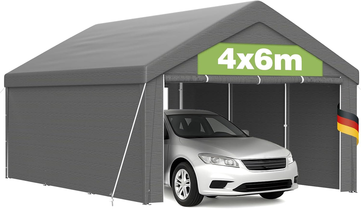 Kidsgigglz Pavillon, Grau, Carport 4x6m mit UV-beständiger PE Plane, wasserdichtem Dach, Stabiler Stahlrohrkonstruktion