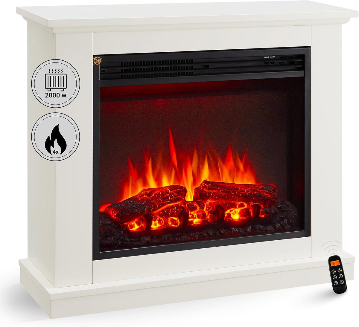 BALDERIA Elektrokamin, 2000 W, Weiß/Schwarz, Phanos - Elektrischer Standkamin mit Heizung 1000/, realistischer 3D-Flammeneffekt