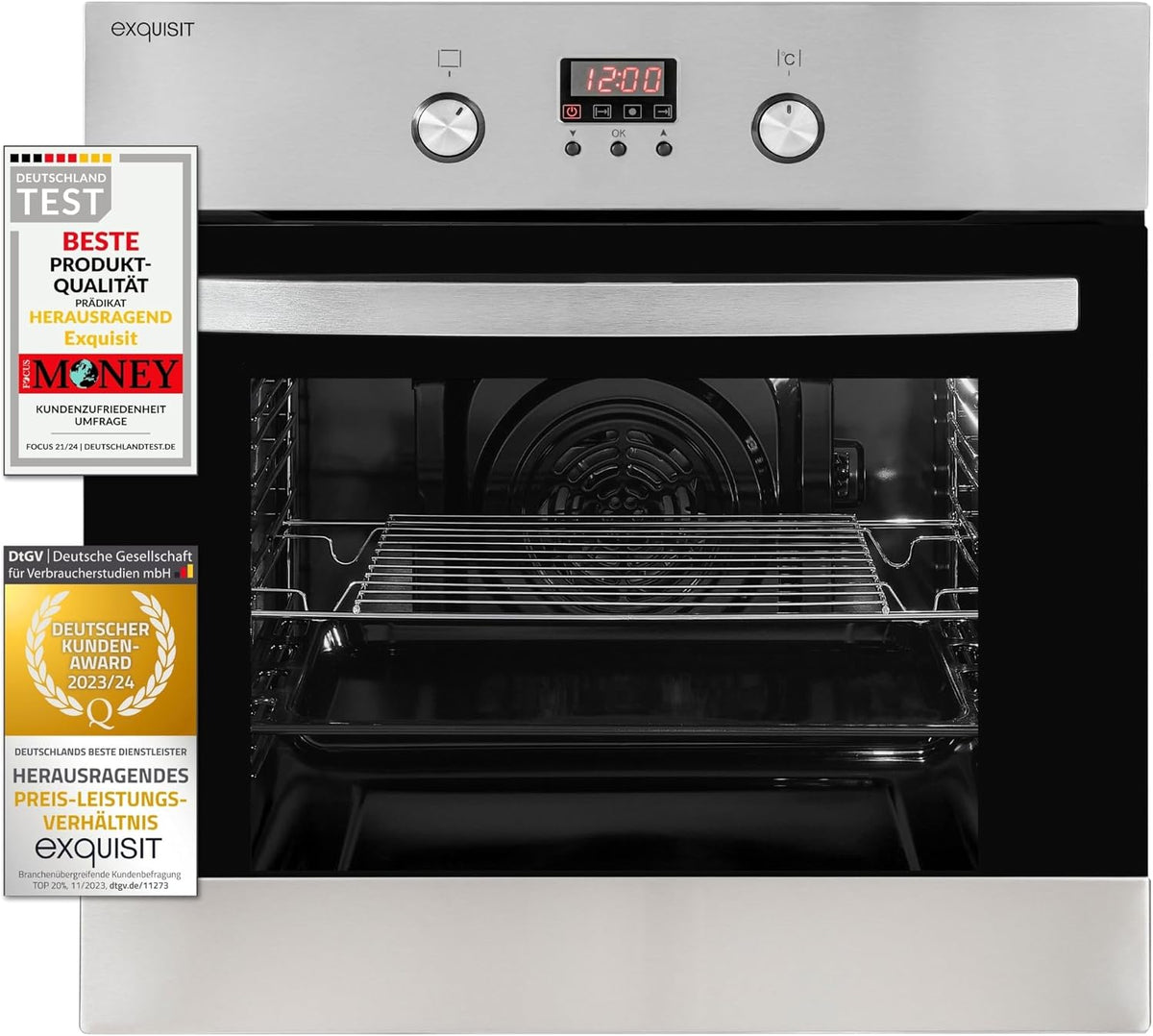 Exquisit Backofen, 58 Liter, Silber/Schwarz, EBE 65-1H Einbau, volumen, Heißluft, Timer, versenkbare Knebel, Edelstahl