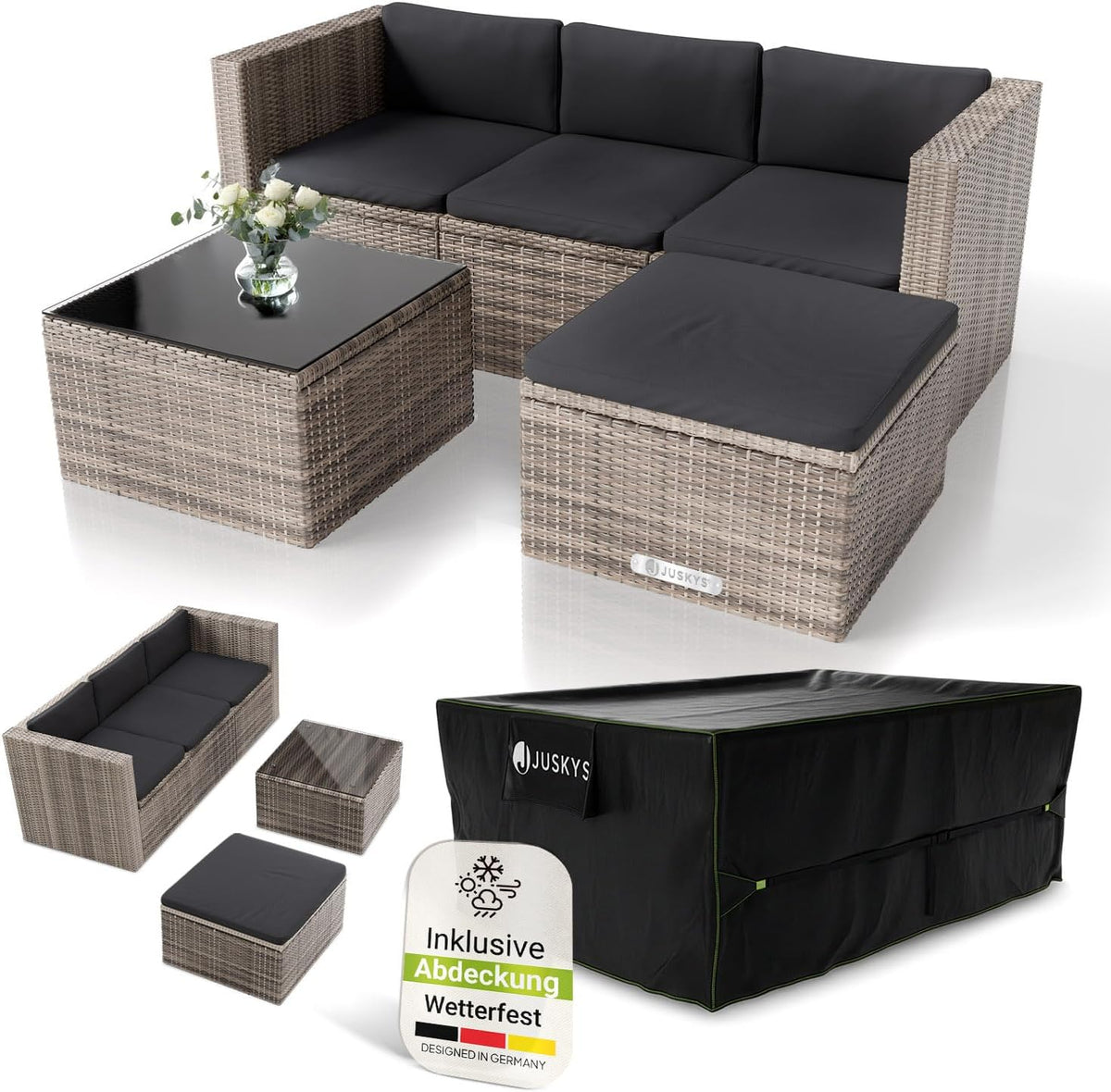 Sofa Juskys, Grau-Meliert/Schwarz, ® Polyrattan Lounge Punta Cana M inkl. Abdeckung für 3-4, Sessel, Tisch & Kissen