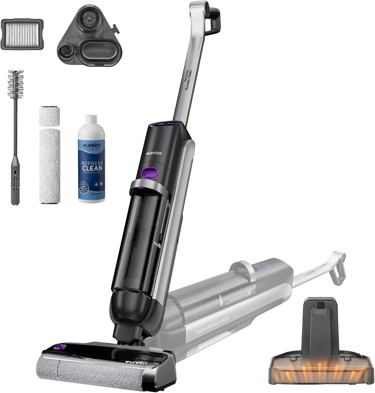 EUREKA Staubsauger, Schwarz/Silber, RapidWash NEW630 Nass Trockensauger Kabelloser mit 170°, 60°C Heißlufttrocknung
