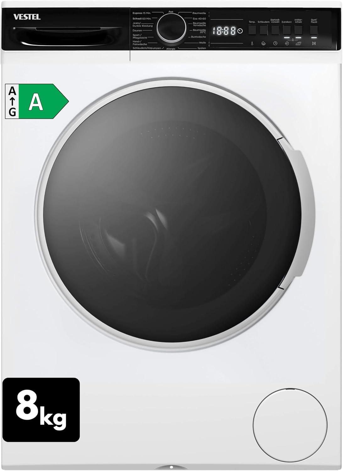 Vestel Waschmaschine, 8 kg, weiß/schwarz, VG-WFT2843WA Frontlader/A / / 1400 U/min/Adanced Inverter