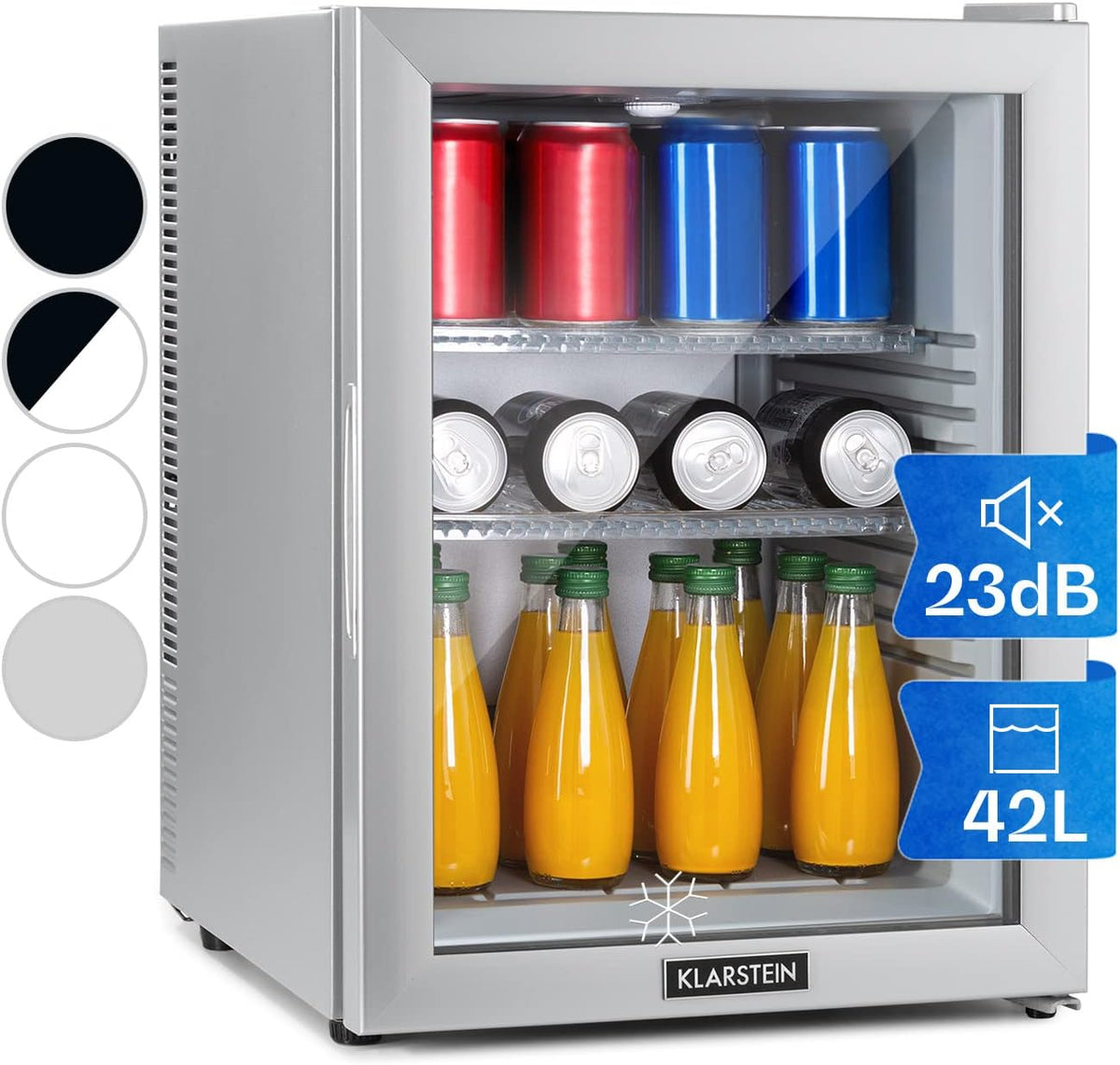 Klarstein Mini-Kühlschrank, 42 L, Silber, Mini Kühlschrank mit Glastüre, für Getränke, Snacks & Kosmetik, Kühlschrank Klein & Leise