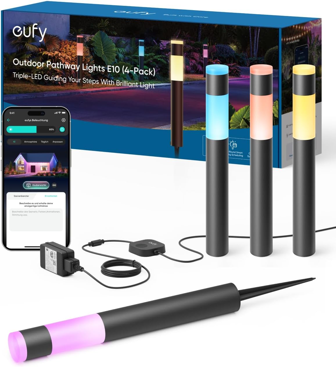 eufy Security Kamera, Schwarz, Außen-Wegeleuchten E10, 4er-Pack, Smarte Verkabelte RGBWW LED Leuchten, IP65 wasserdich für Garten & Terrasse