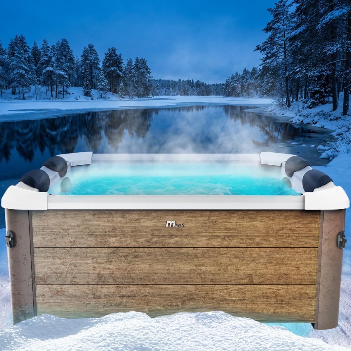 BRAST Badewannen mit Sprudelfunktion, 160x160x65 cm, Holz/Weiß, Whirlpool MSpa Oslo Amber mit Fester Außenwand, 120 Massagedüsen