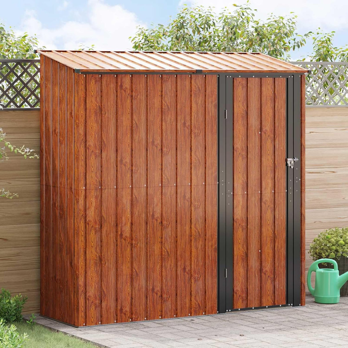 Mokuyary Gerätehaus, 203,5 x 73 x 200 cm, Metall, Braun, Gartenhütten Metall Gartenhaus, Geräteschuppen Schuppen für den Außenbereich Garten