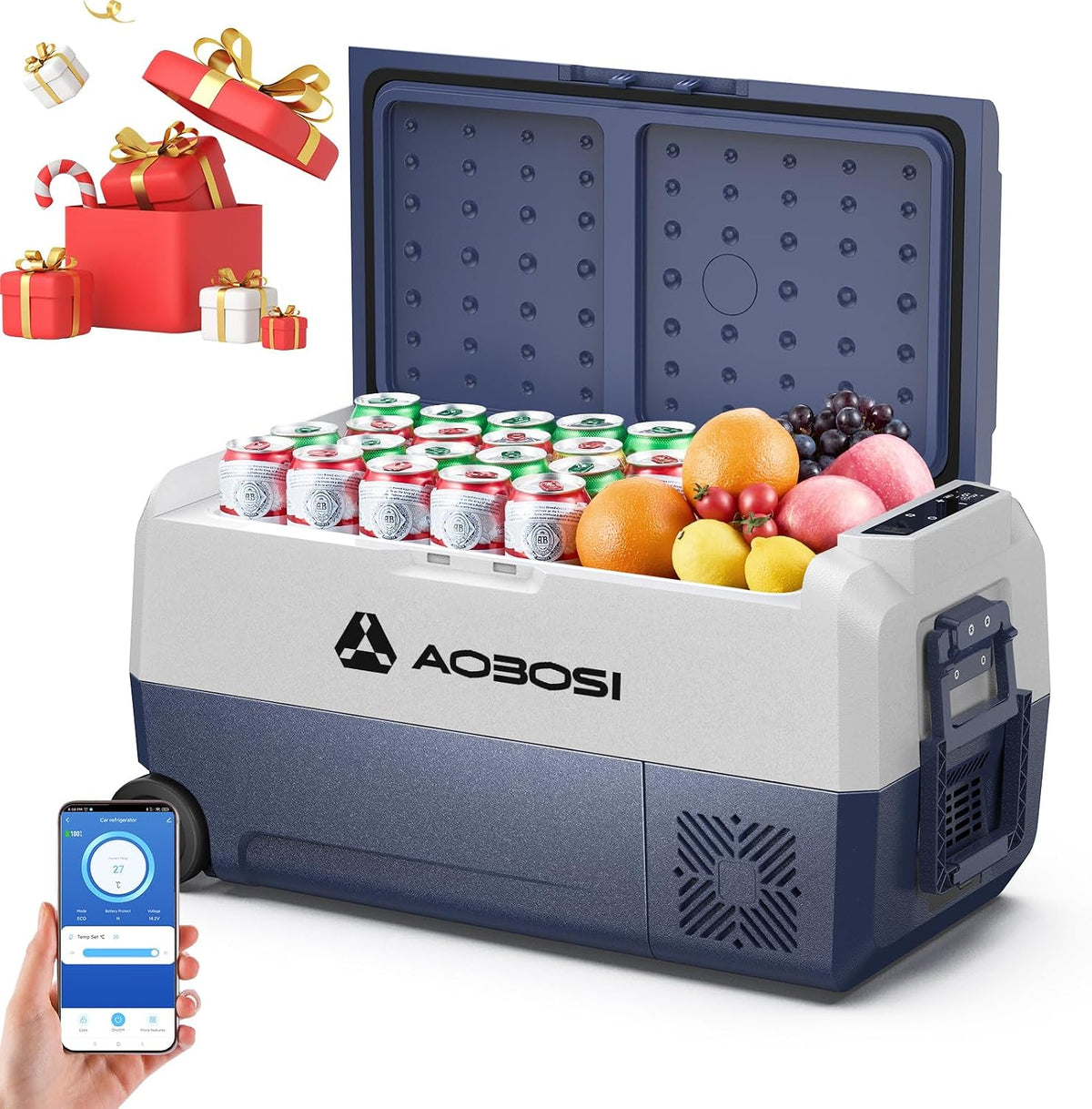 AAOBOSI Kühlschrank, 230v, 36 L, 12v, Blau/Grau, Kompressor Kühlbox, kühlbox Auto mit APP-Steuerung, -20℃ bis 20℃ Camping