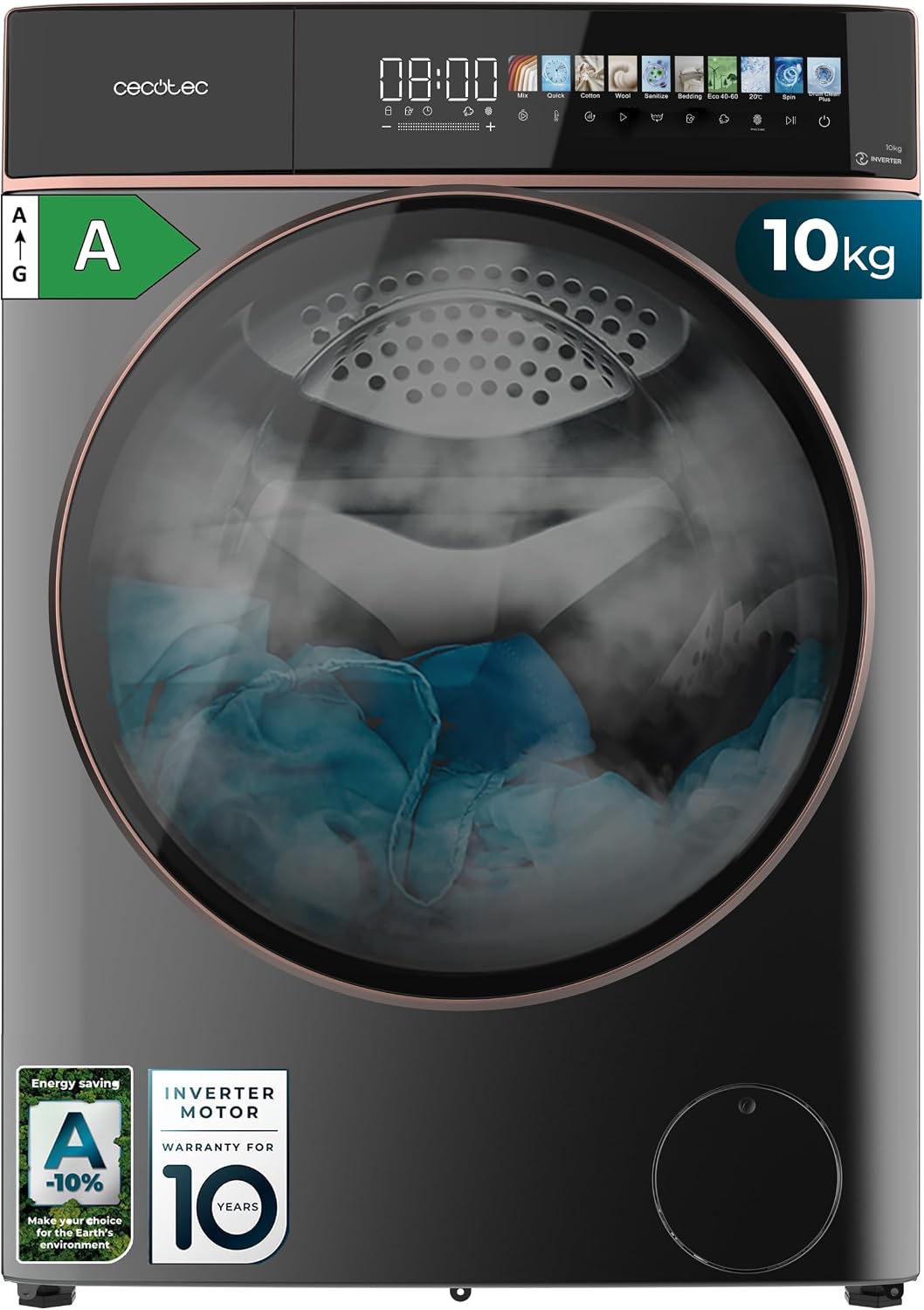 Cecotec Waschmaschine, 10 kg, Schwarz/Kupfer, Frontlader Bolero DressCode 10900 Autodose Inverter, geringer Verbrauch