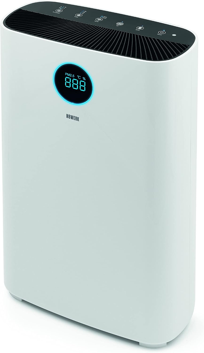 N8WERK Dunstabzugshaube, 185 m, 50 m, Weiß, Luftreiniger mit 6-fach-Filtersystem, H14 Filter, CADR: ³/h, Für Allergiker - filtert Pollen