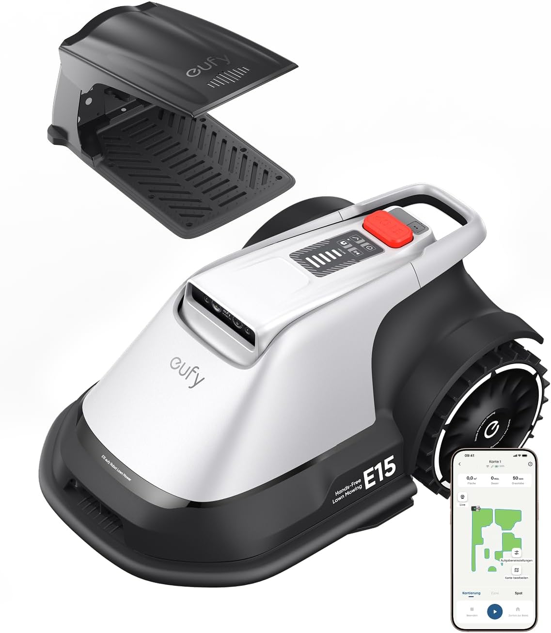 eufy Mähroboter, 800m, Schwarz/Weiß, E15 ohne Begrenzungskabel, Keine Signalausfälle, Kein RTK, TrueVision Technologie