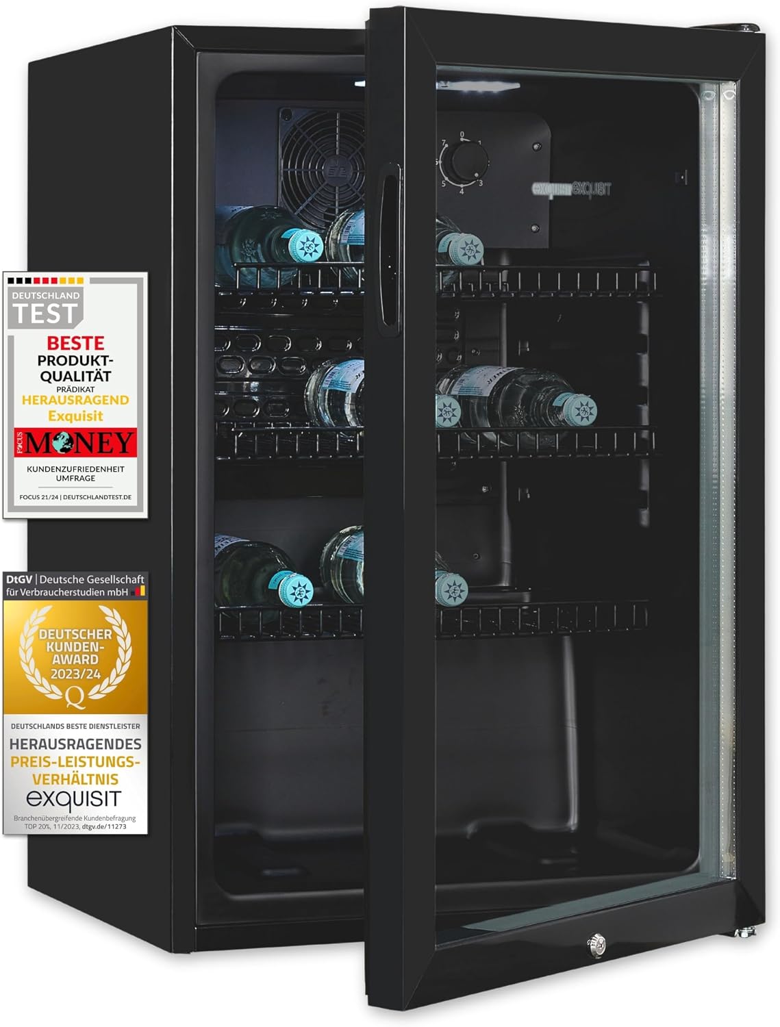 Exquisit Kühlschrank, 118 L, Schwarz, Glastür GKS120-GT-160C, Nutzinhalt:, Türschloss, 3 Gitterablagen, Umluftventilator