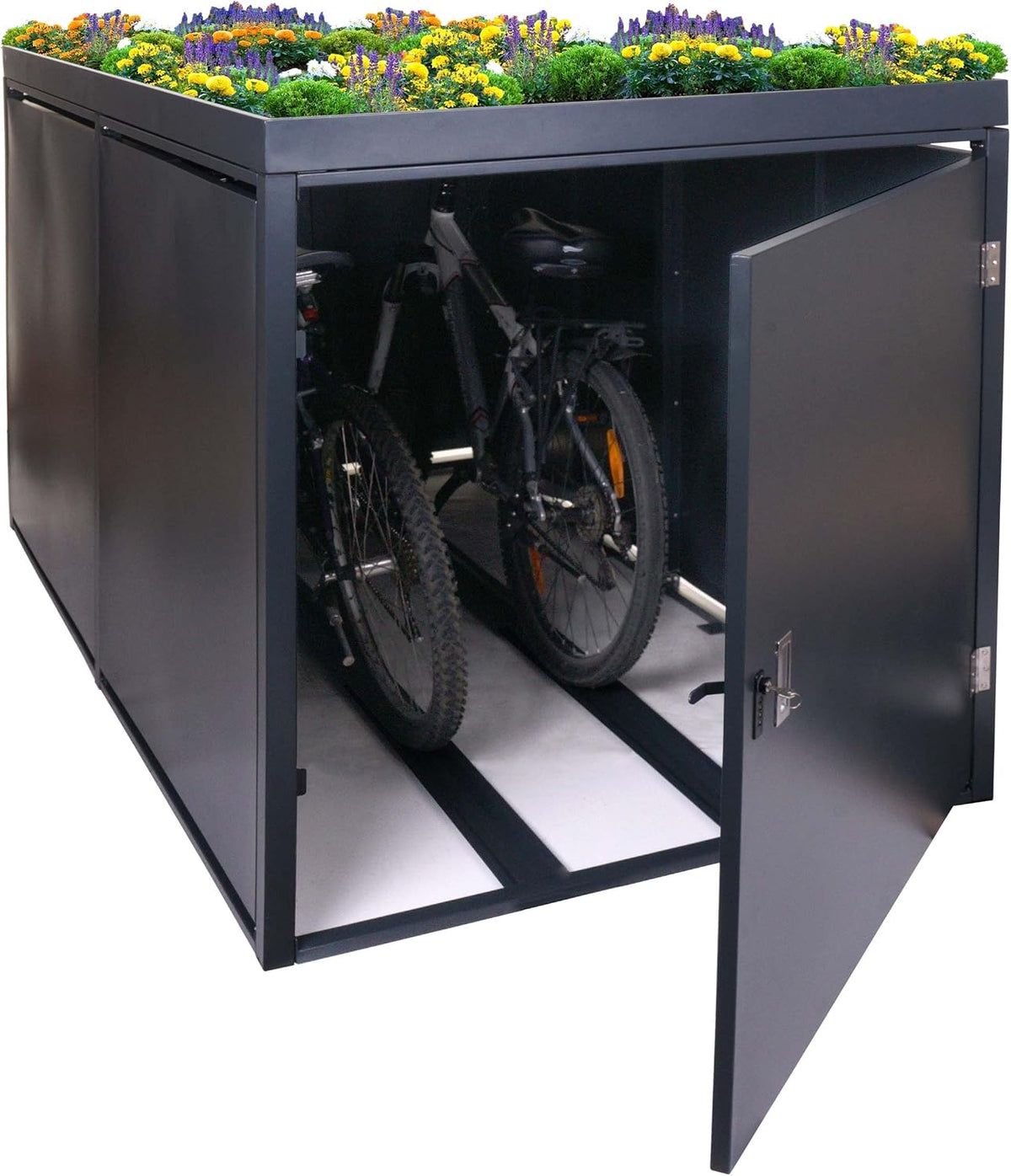 Mendler Fahrrad, 125x113x208 cm, Anthrazit, 2er- garage mit Pflanzkasten HWC-L56b, abschließbar verzinkter Stahl