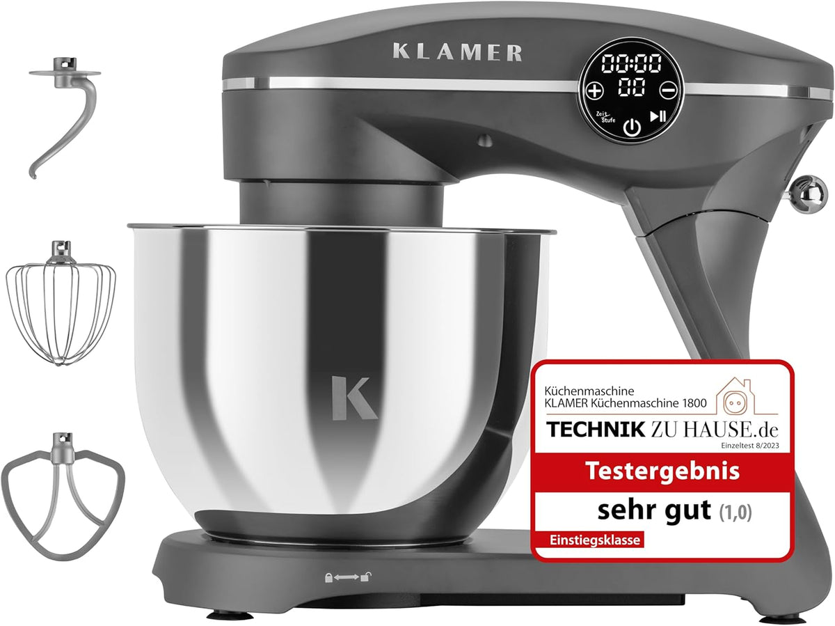 KLAMER Universalküchenmaschinen, 1800 W, 6 L, grau/silber, Knetmaschine Brotteig mit Edelstahl-Rührschüssel, 10 Stufen mit Timer