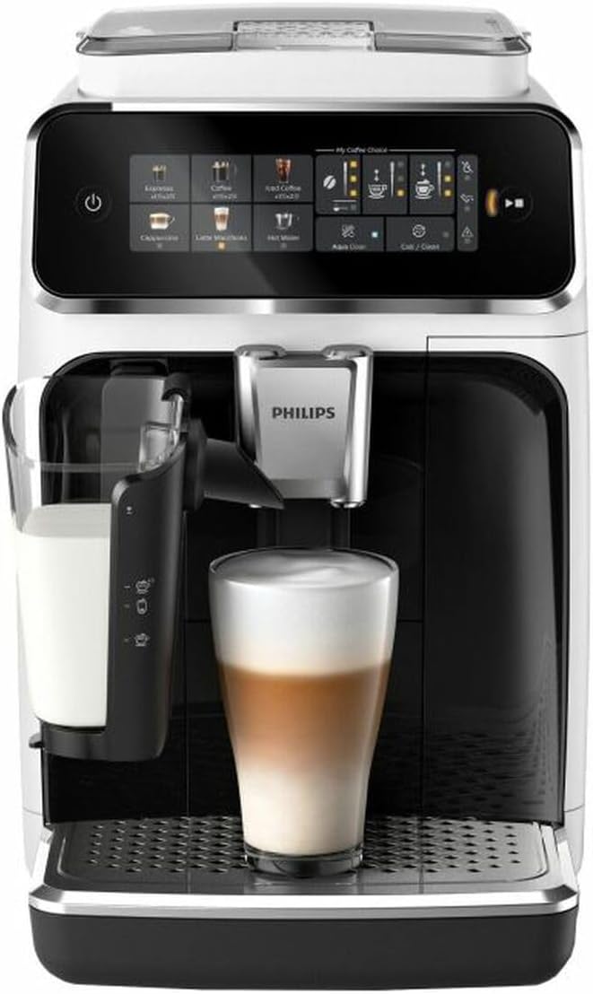 Philips Kaffeevollautomat, 1,8 L, Schwarz/Weiß, 3300 Series - 6 Getränke, Modernes Farb-Touchscreen-Display, LatteGo-Milchsystem