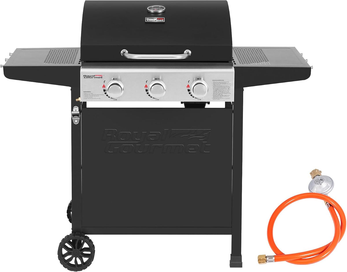 Royal Gourmet Gasherd, 60 x 42 cm, 9 kW, Schwarz, Gasgrill Grillwagen 3 Brenner Camping Gaskocher mit, Gartengrill mit Flaschenöffner