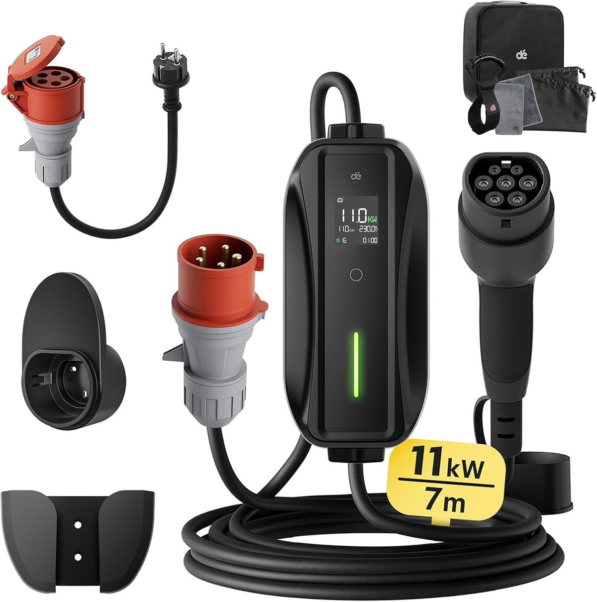 dé Ladestationen, 11 kW, 7m, Schwarz/Rot/Grau, Mobile Wallbox/Ladestation [3-phasig, 6-16A] mit Einstellbarer Ladeleistung