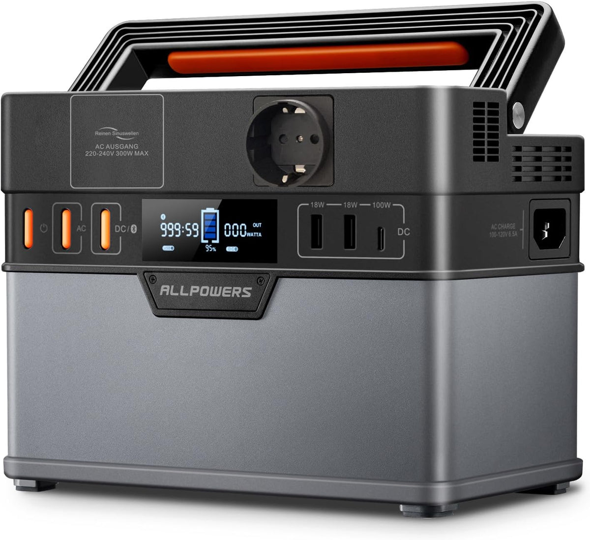 ALLPOWERS Powerstation, 288 Wh, 300 W, Schwarz/Grau/Orange, S300 PLUS Tragbarer Mobile Stromversorgung Generatoren