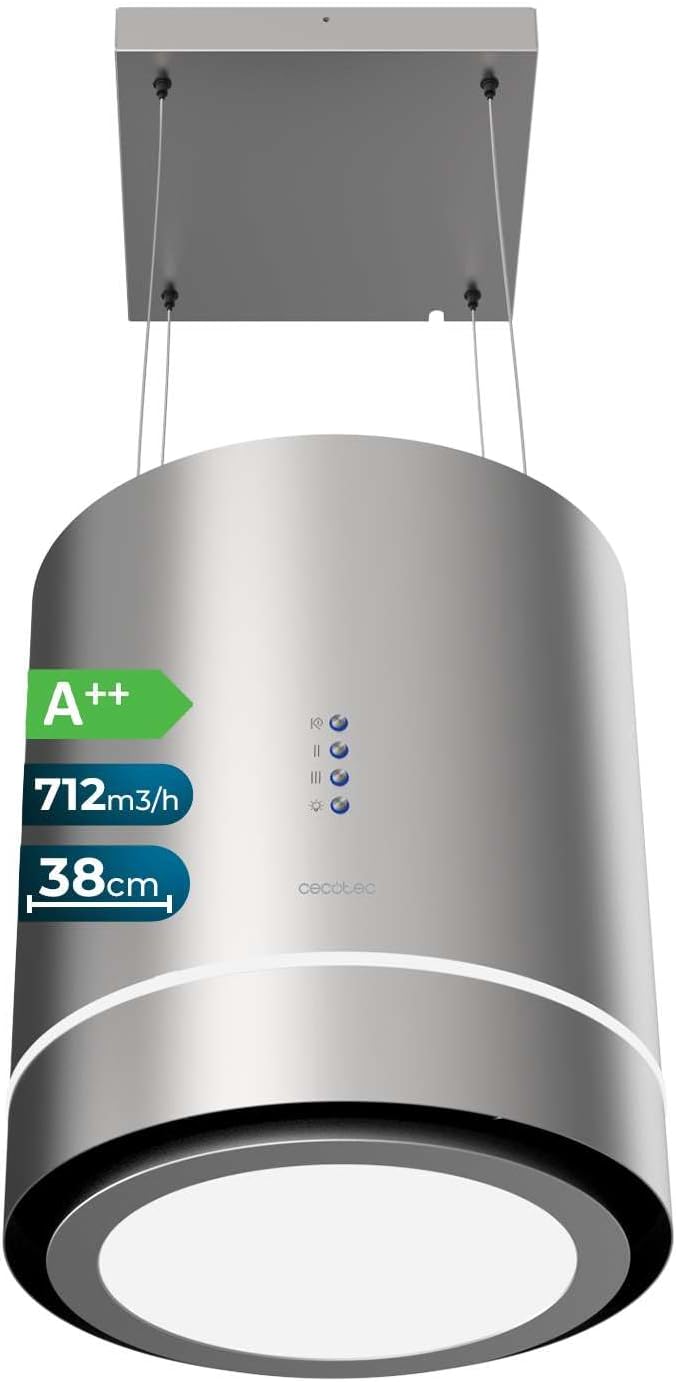 Cecotec Dunstabzugshaube, 44 cm, 800 m, Silber, Runde Insel- Bolero Flux Cre 448000 Inox A++. Edelstahloptik, Saugleistung ³/h