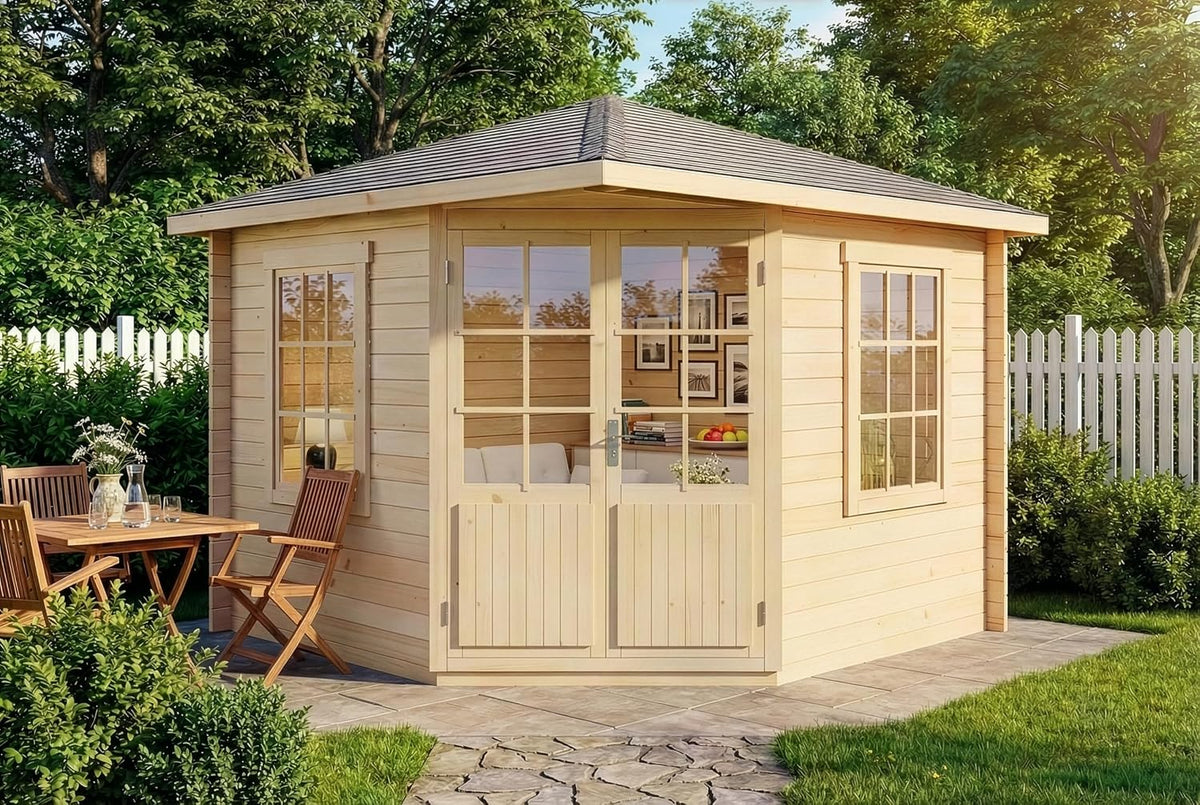 Gerätehaus Alpholz, 300 x 300 cm, 28 mm, Beige, 5-Eck Gartenhaus Monica aus Massiv-Holz, mit Wandstärke, Garten Holzhaus inklusive Montagematerial