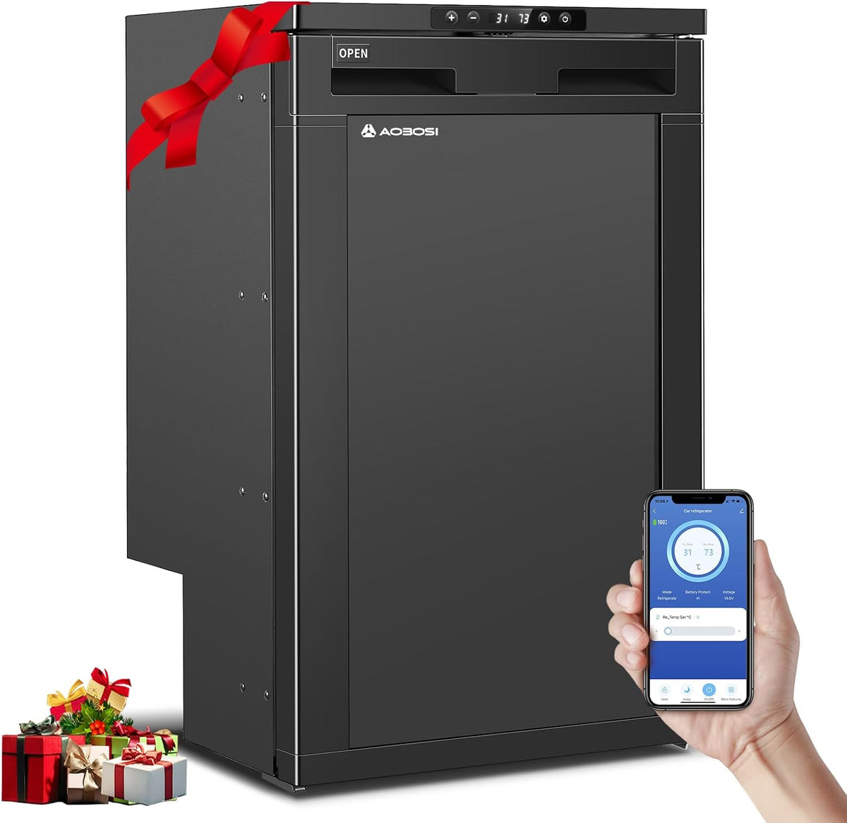 AAOBOSI Kühlschrank, 83 L, 24 V, Schwarz, Kompressor Kühlbox, Wohnmobil mit APP-Steuerung, 12/ DC, Kühlbox Auto mit LED-Leuchten