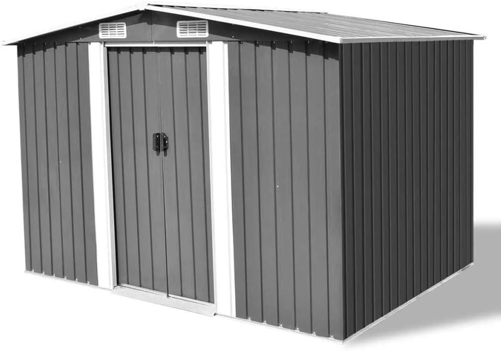 TEWTX7 Gerätehaus, 257 x 205 x 178 cm, verzinkter Stahl, Grau/Weiß, Metall mit Schiebetüren, Schiebetür & Fundament