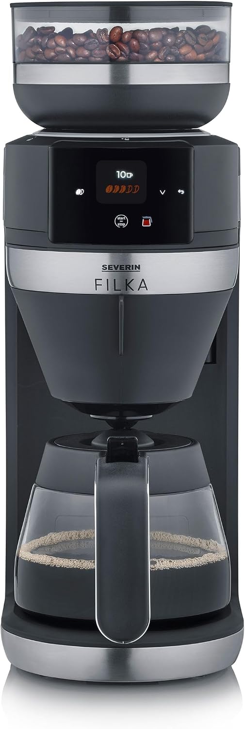 SEVERIN Kaffeemaschine, Schwarz/Edelstahl, FILKA, Vollautomat für Filterkaffee, 5-in-1 Filter mit LED-Display, Mahlwerk