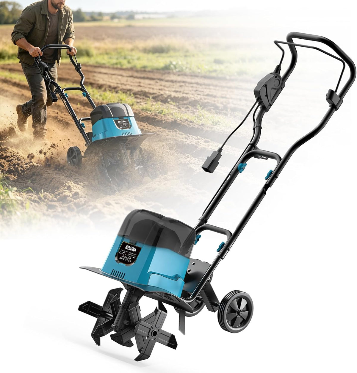 JUDANNA Motorhacken, 1600 W, 36 cm, 18 cm, 18 V, Schwarz/Blau, Akku Gartenfräse für Makita Akku, Bürstenloser Motor (ohne Akku)