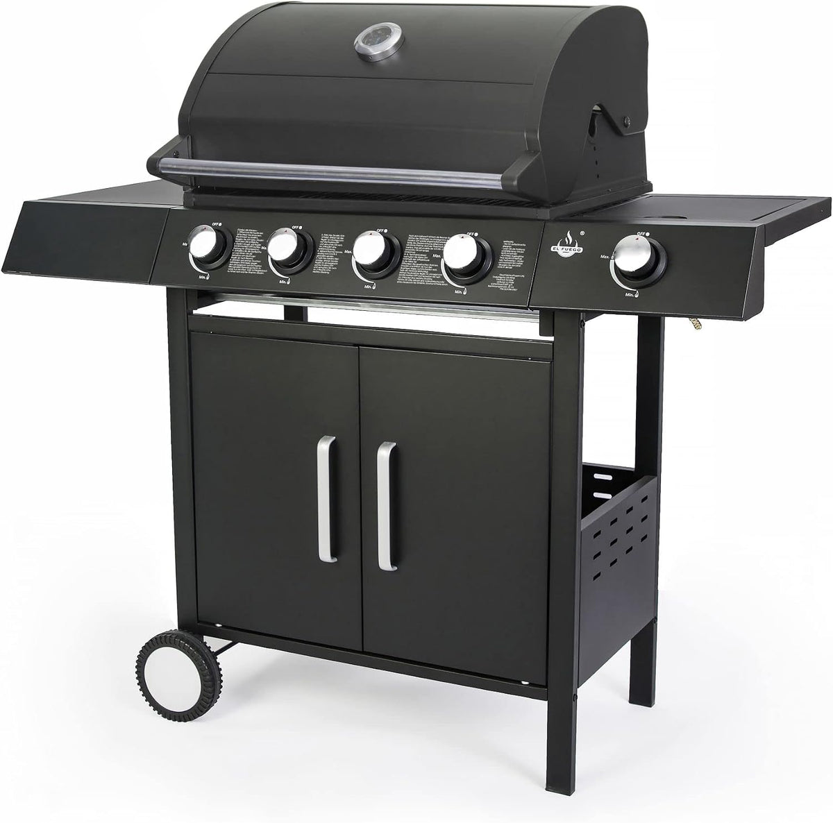 El Fuego Gasgrill, Schwarz, 'SAN ANGELO 4+1' von ®, 4 Hauptbrenner + 1 Seitenbrenner, Edelstahl, inkl. Gasschlauch und Druckminderer