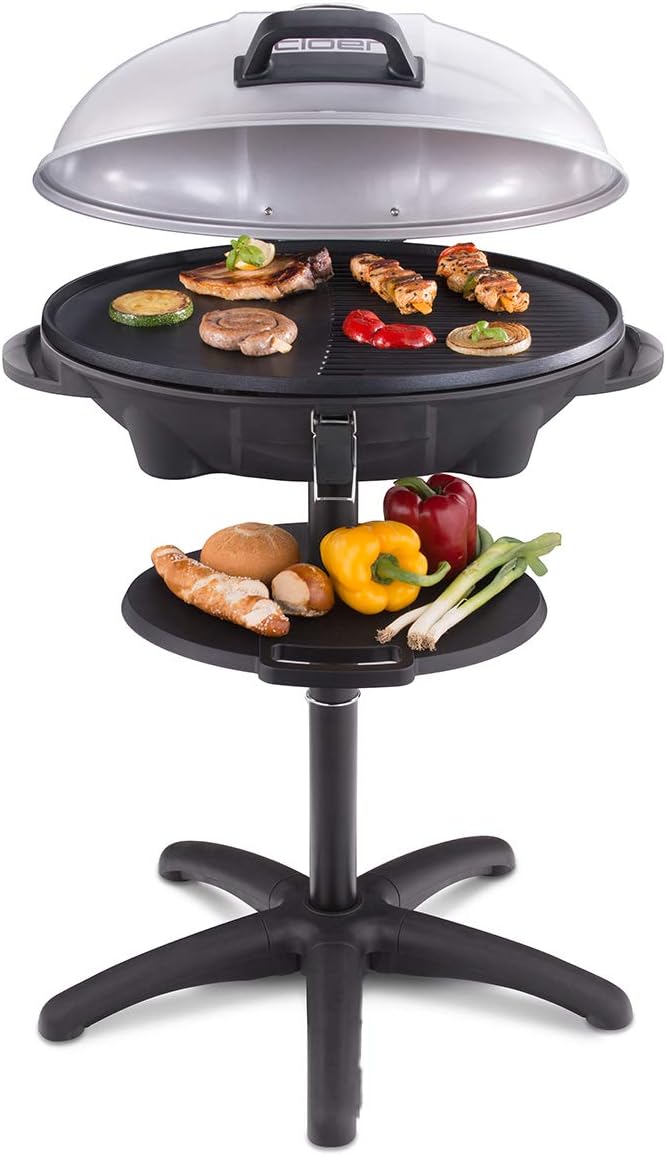 Cloer Elektrogrill, 38,5 x 52,5 cm, Schwarz/Silber, 6789 Barbecue-Grill, Outdoor Standgrill mit integriertem Thermometer